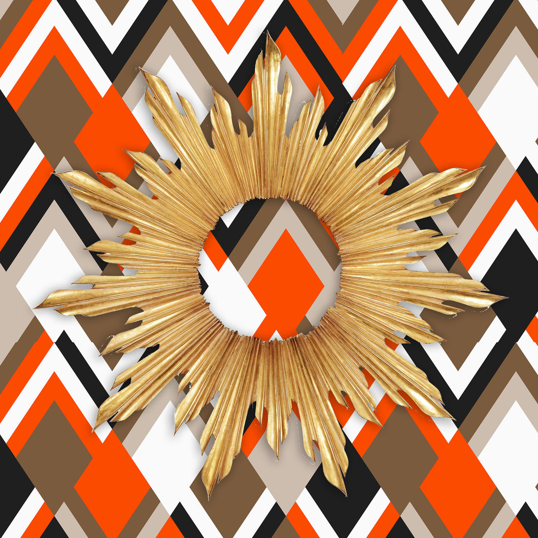 Orange and brown geometric retro Mid-century modern fabric peel and stick wallpaper with gold starburst mirror