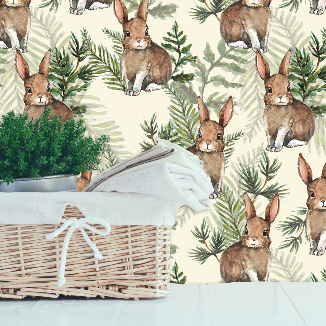 Watercolor forest bunny rabbit fabric peel and stick wallpaper with basket and plant