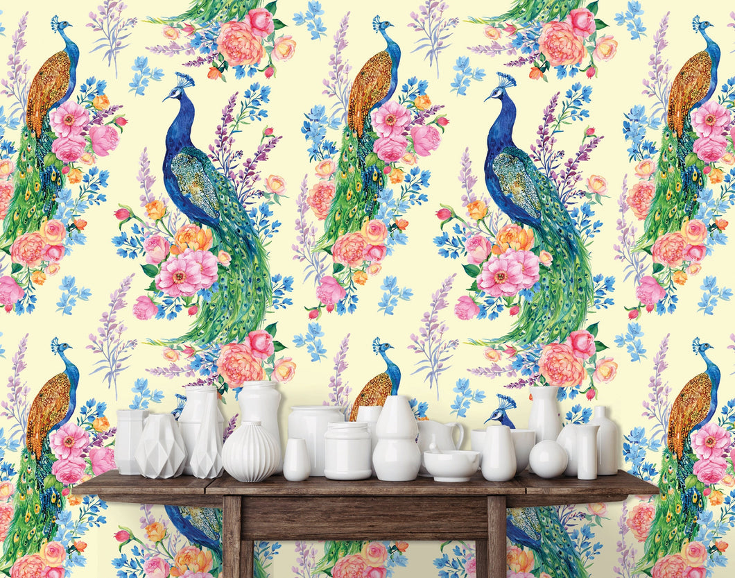 Chinoiserie Wallpaper, Botanical Wallpaper, Victorian Wallpaper, Peacock Wallpaper, Floral Wallpaper, Fabric Peel & Stick Wallpaper